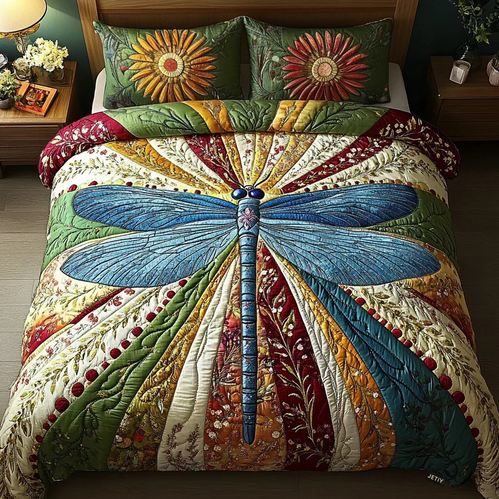 3-piece quilted bedding set - Golden dragonfly — view 1