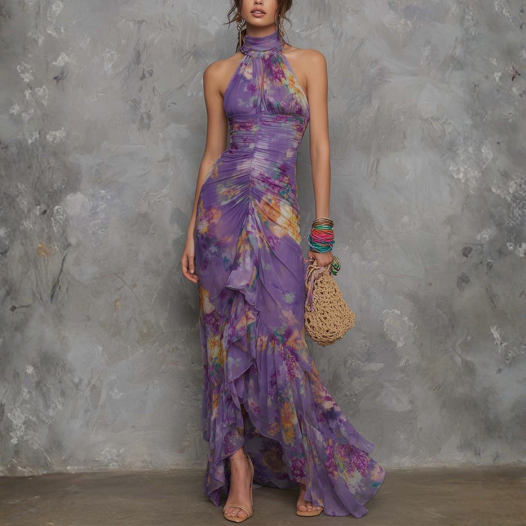 Adalynn - elegant purple floral chiffon strapless maxi dress — view 1