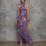 Adalynn - elegant purple floral chiffon strapless maxi dress — view 1