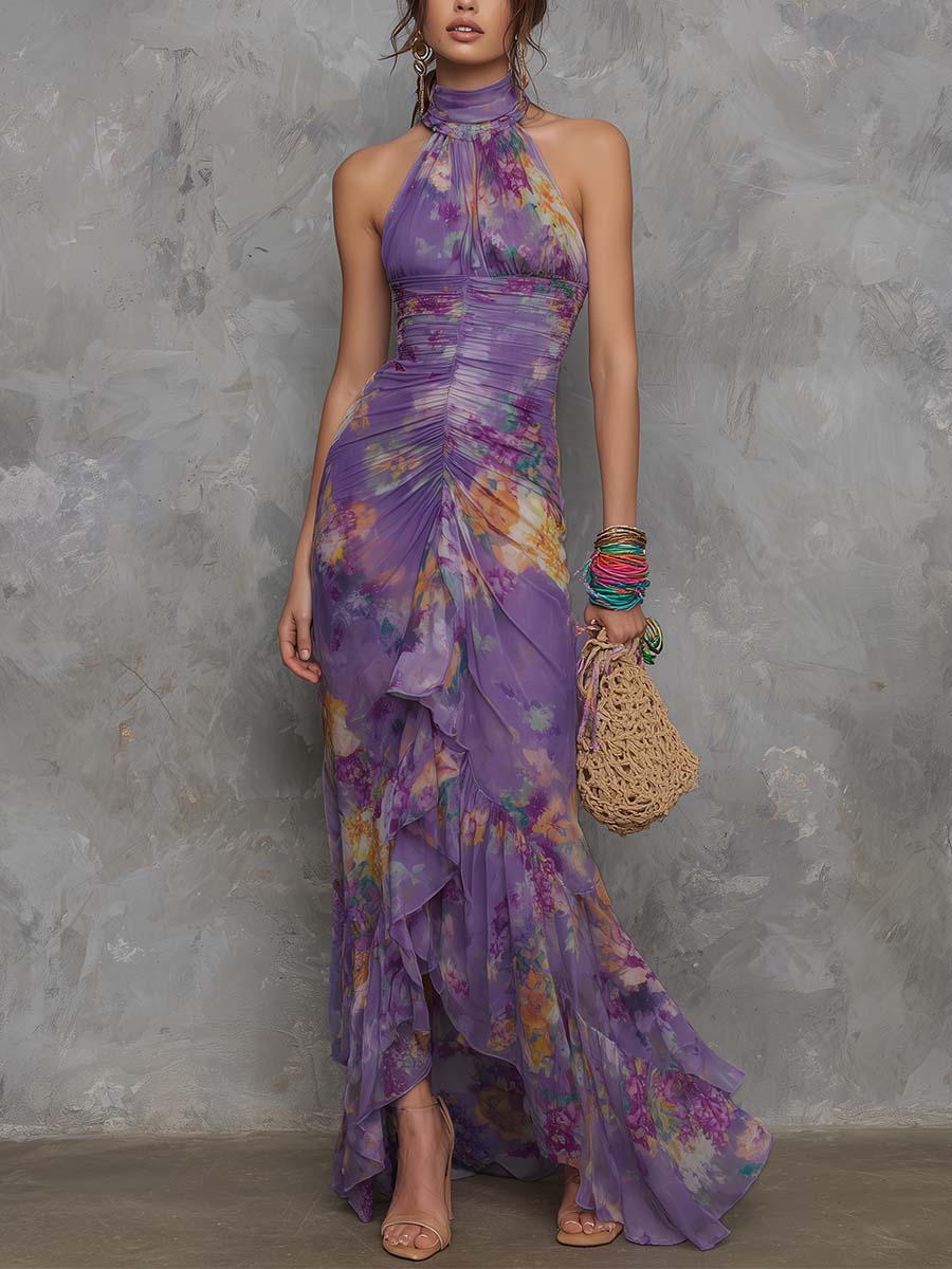 Adalynn - elegant purple floral chiffon strapless maxi dress — view 2