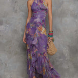 Adalynn - elegant purple floral chiffon strapless maxi dress — view 2