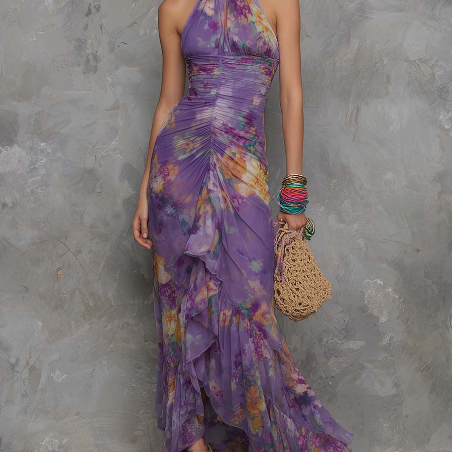 Adalynn - elegant purple floral chiffon strapless maxi dress — view 2