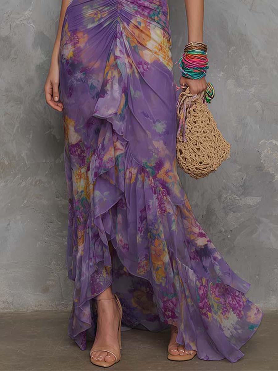 Adalynn - elegant purple floral chiffon strapless maxi dress — view 4