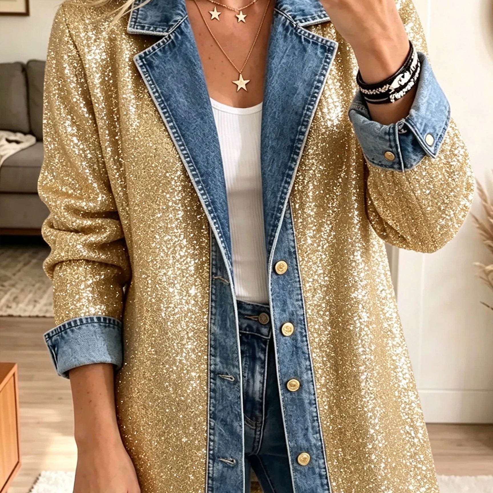 Addison - Gold Glitter Patchwork Denim Jacket — view 1