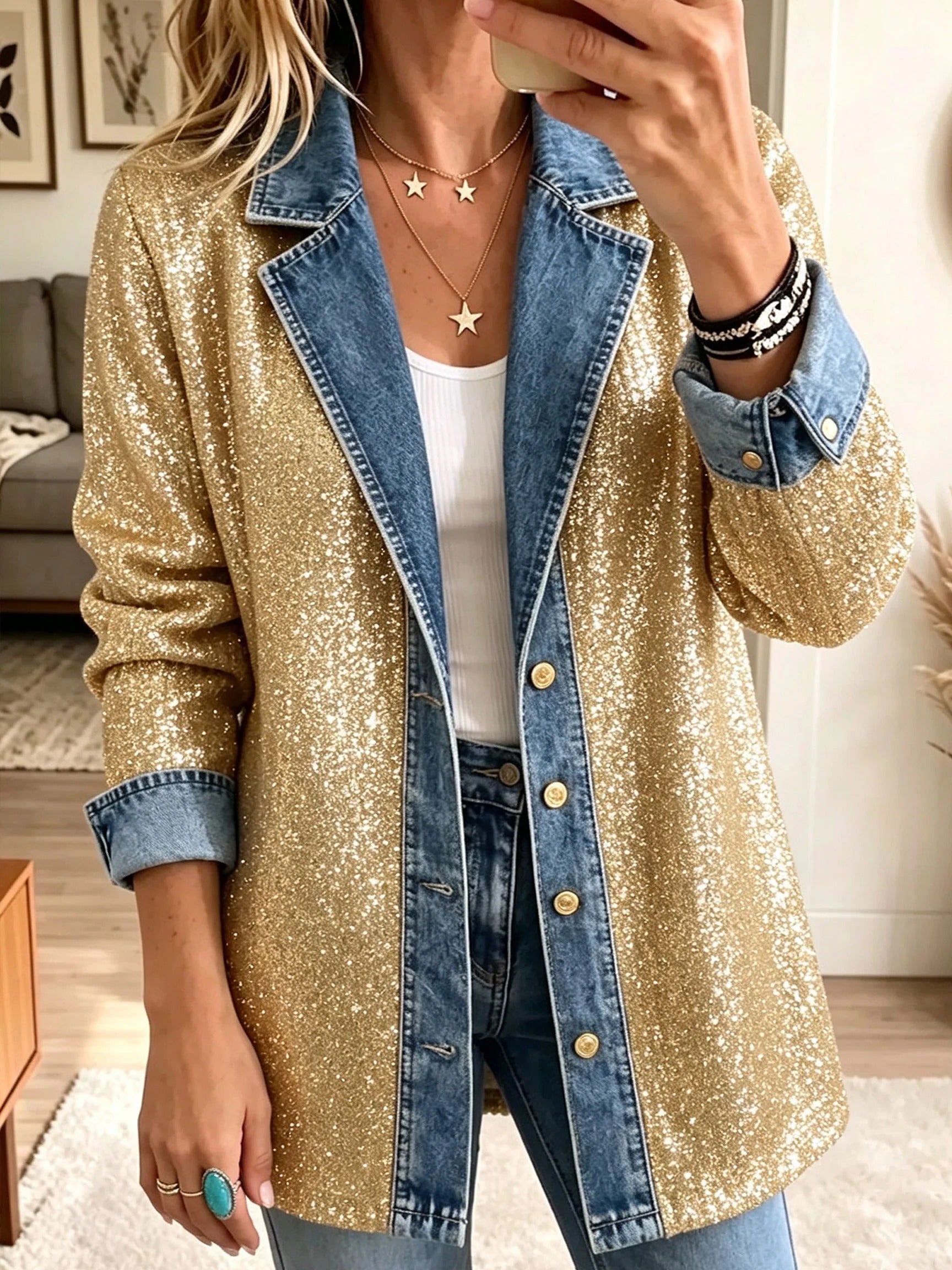 Addison - Gold Glitter Patchwork Denim Jacket — view 1