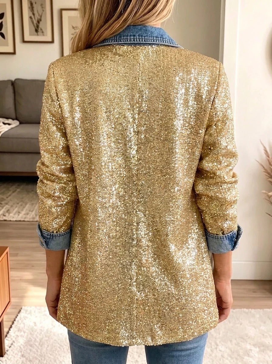 Addison - Gold Glitter Patchwork Denim Jacket — view 2