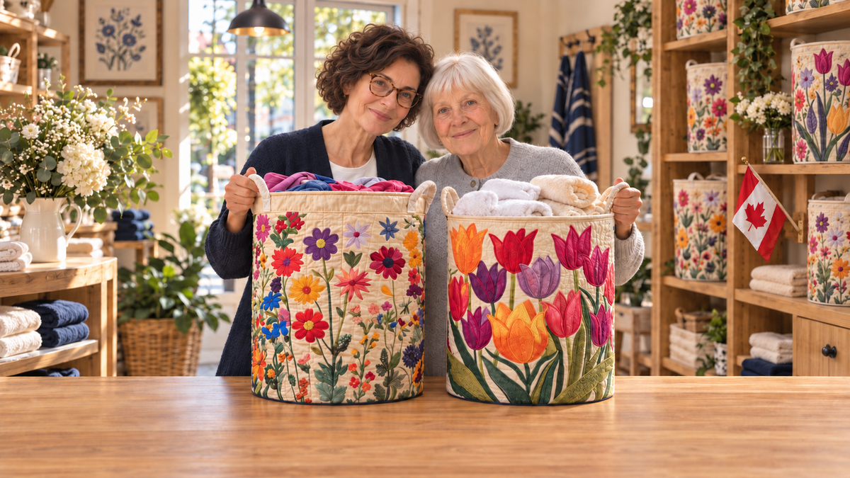 Floral quilted laundry baskets at Agnes Vancouver