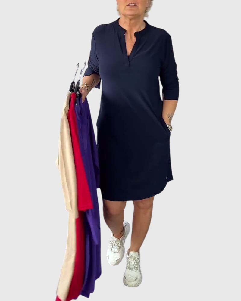 Alexandra - solid colour V-neck dress — view 1