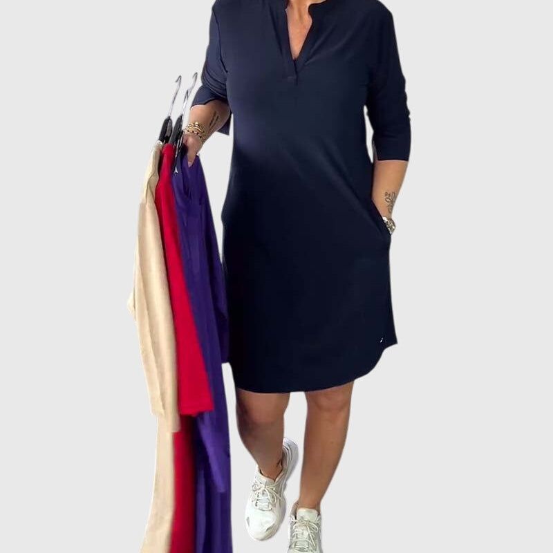 Alexandra - solid colour V-neck dress — view 1