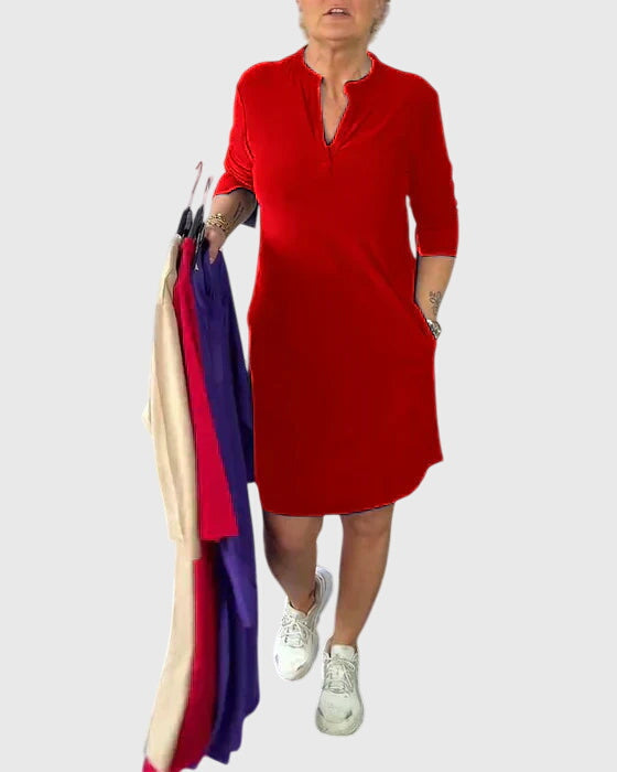 Alexandra - solid colour V-neck dress — view 2