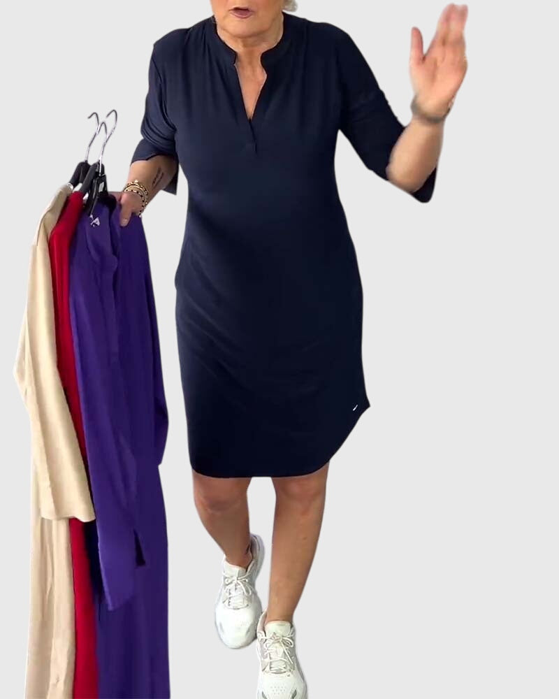 Alexandra - solid colour V-neck dress — view 6