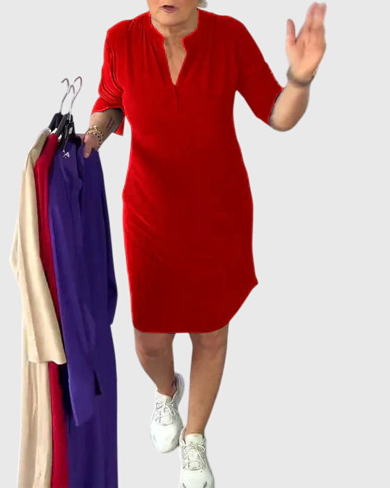 Alexandra - solid colour V-neck dress — view 7