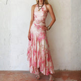 Alexandra - pink floral chiffon pleated sleeveless midi dress — view 1
