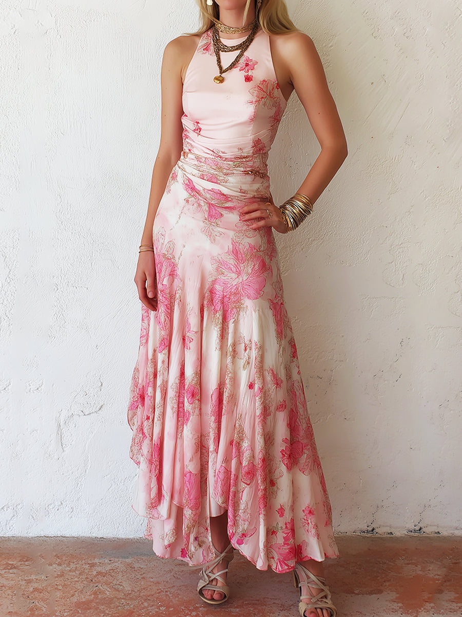 Alexandra - pink floral chiffon pleated sleeveless midi dress — view 2