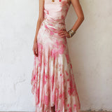 Alexandra - pink floral chiffon pleated sleeveless midi dress — view 2