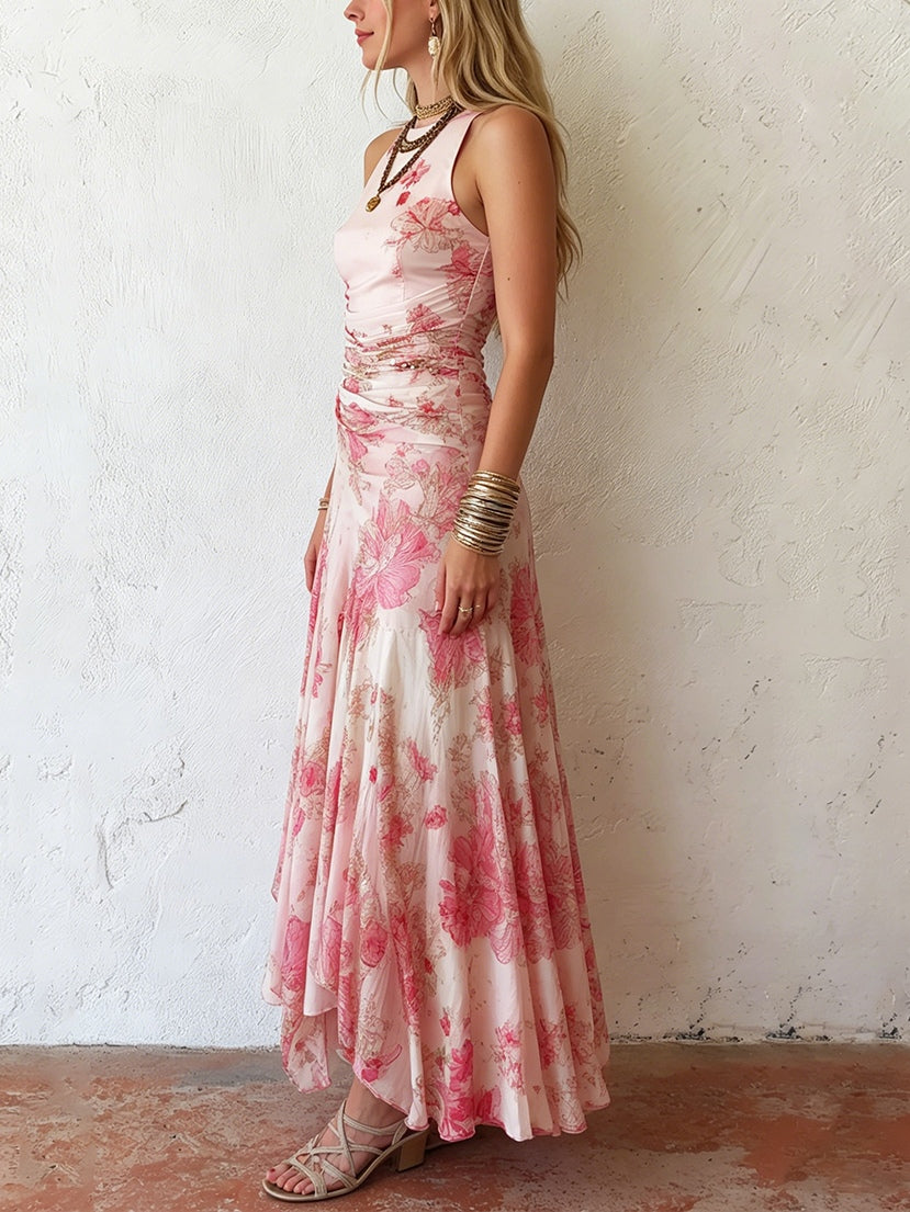 Alexandra - pink floral chiffon pleated sleeveless midi dress — view 3