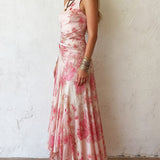 Alexandra - pink floral chiffon pleated sleeveless midi dress — view 3