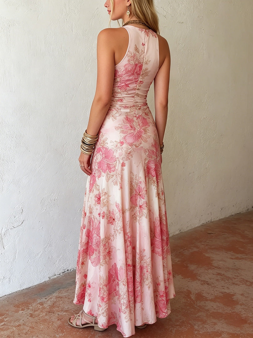 Alexandra - pink floral chiffon pleated sleeveless midi dress — view 4