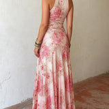 Alexandra - pink floral chiffon pleated sleeveless midi dress — view 4
