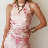 Alexandra - pink floral chiffon pleated sleeveless midi dress — view 5