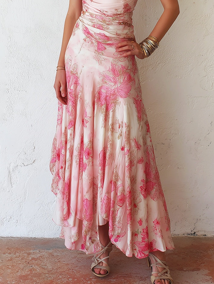 Alexandra - pink floral chiffon pleated sleeveless midi dress — view 6