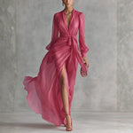 Alexis - Elegant Rose Pink Chiffon V Neck Tie Waist Long Dress — view 1