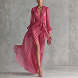 Alexis - Elegant Rose Pink Chiffon V Neck Tie Waist Long Dress — view 1