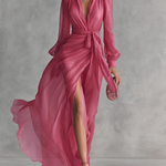 Alexis - Elegant Rose Pink Chiffon V Neck Tie Waist Long Dress — view 2
