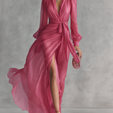 Alexis - Elegant Rose Pink Chiffon V Neck Tie Waist Long Dress — view 2