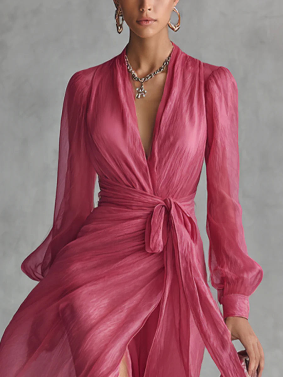 Alexis - Elegant Rose Pink Chiffon V Neck Tie Waist Long Dress — view 3