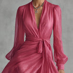Alexis - Elegant Rose Pink Chiffon V Neck Tie Waist Long Dress — view 3