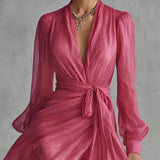 Alexis - Elegant Rose Pink Chiffon V Neck Tie Waist Long Dress — view 3