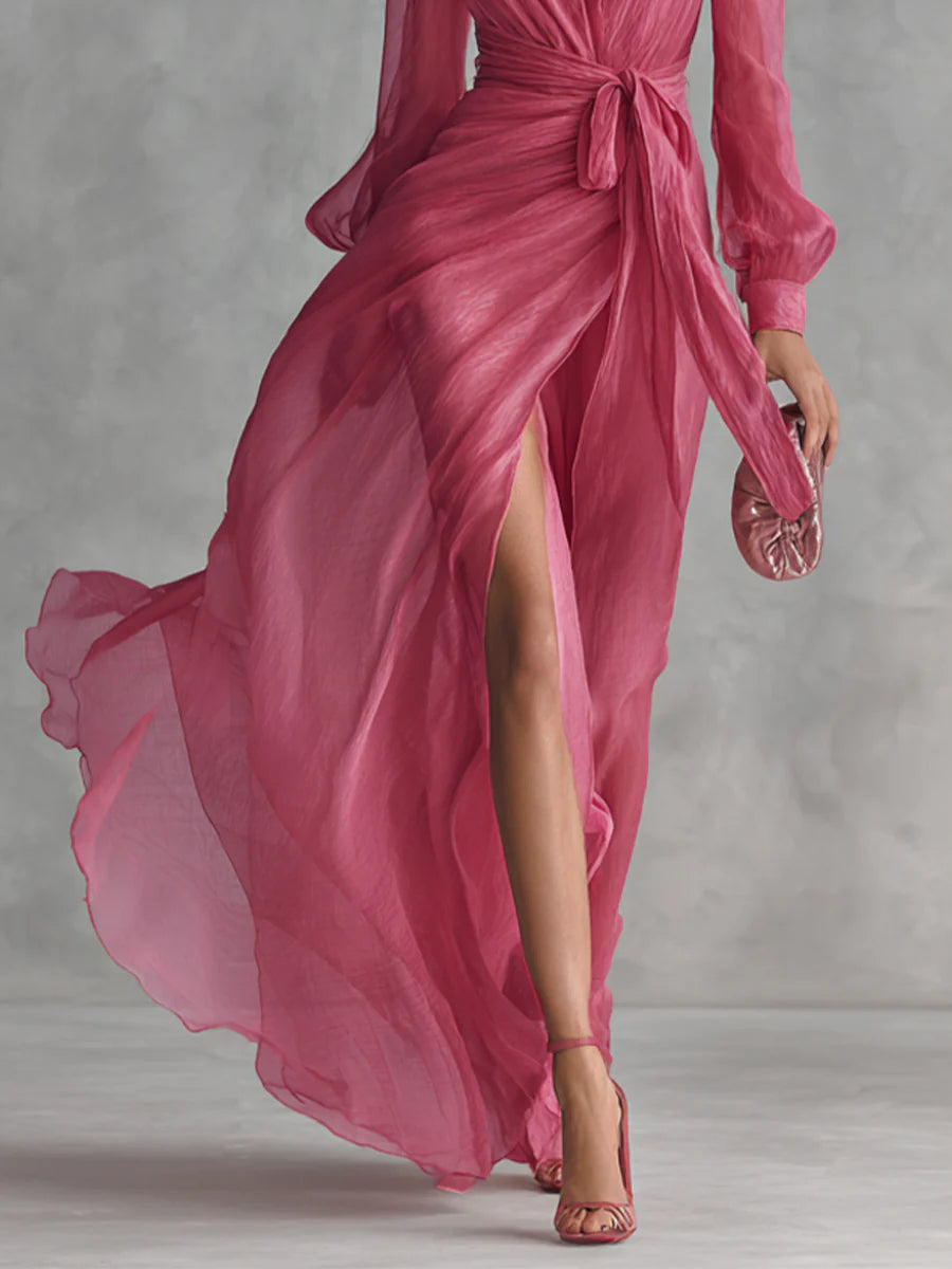 Alexis - Elegant Rose Pink Chiffon V Neck Tie Waist Long Dress — view 4
