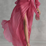 Alexis - Elegant Rose Pink Chiffon V Neck Tie Waist Long Dress — view 4