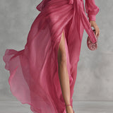 Alexis - Elegant Rose Pink Chiffon V Neck Tie Waist Long Dress — view 4