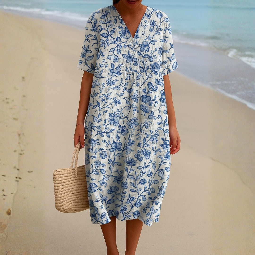Alyssa - ivory dress with porcelain blue floral accents — view 1