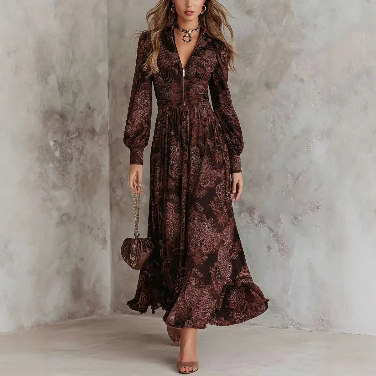 Aria - elegant patterned long sleeve maxi dress — view 4