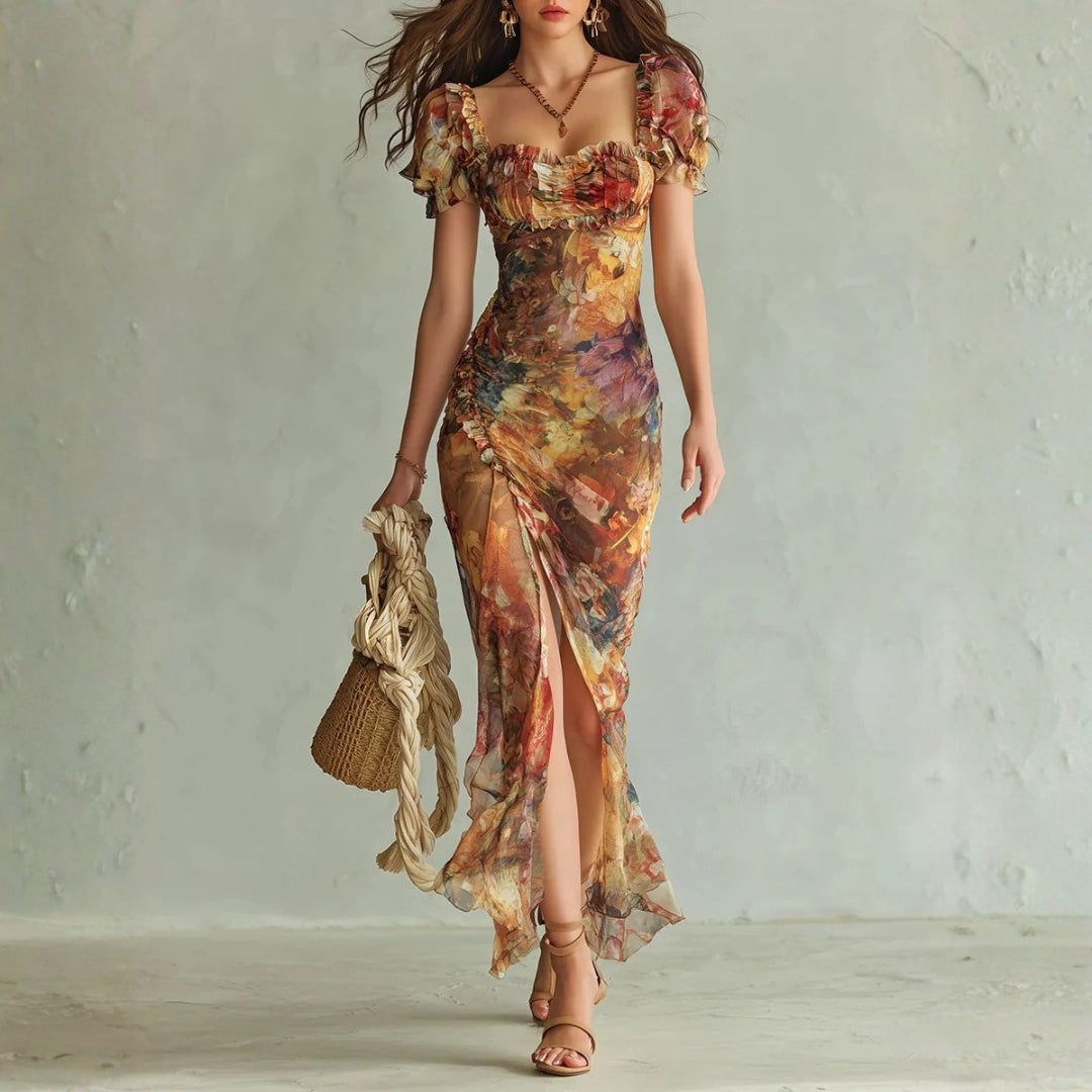 Aria - long orange chiffon dress with bohemian style oil painting print — view 1