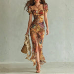 Aria - long orange chiffon dress with bohemian style oil painting print — view 1