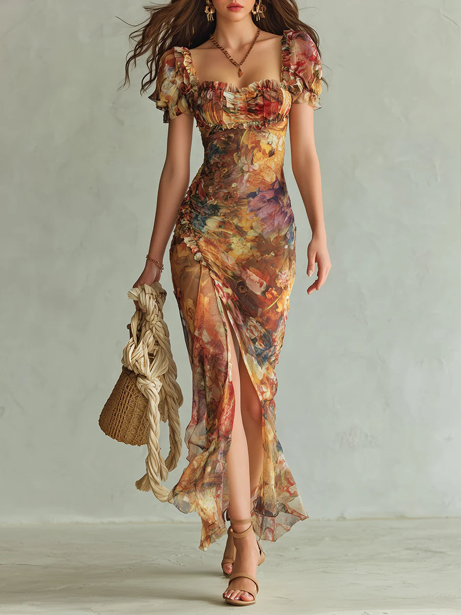 Aria - long orange chiffon dress with bohemian style oil painting print — view 2