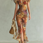 Aria - long orange chiffon dress with bohemian style oil painting print — view 2