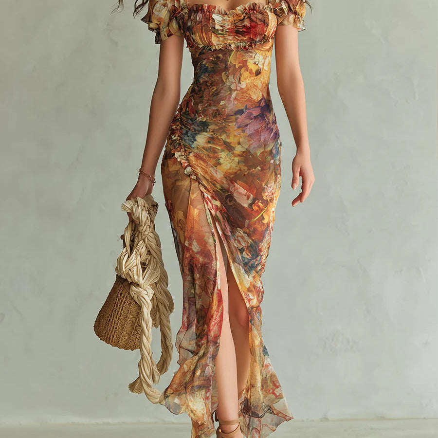Aria - long orange chiffon dress with bohemian style oil painting print — view 2