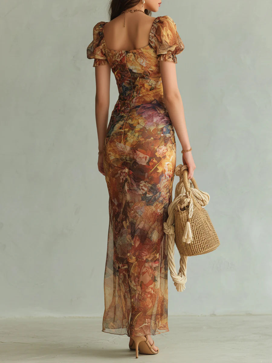 Aria - long orange chiffon dress with bohemian style oil painting print — view 3