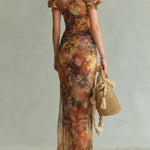 Aria - long orange chiffon dress with bohemian style oil painting print — view 3