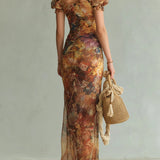 Aria - long orange chiffon dress with bohemian style oil painting print — view 3