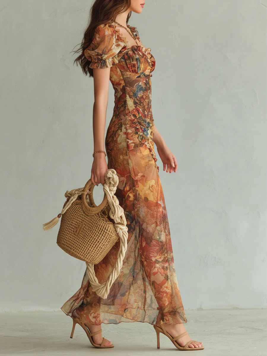 Aria - long orange chiffon dress with bohemian style oil painting print — view 4