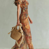Aria - long orange chiffon dress with bohemian style oil painting print — view 4