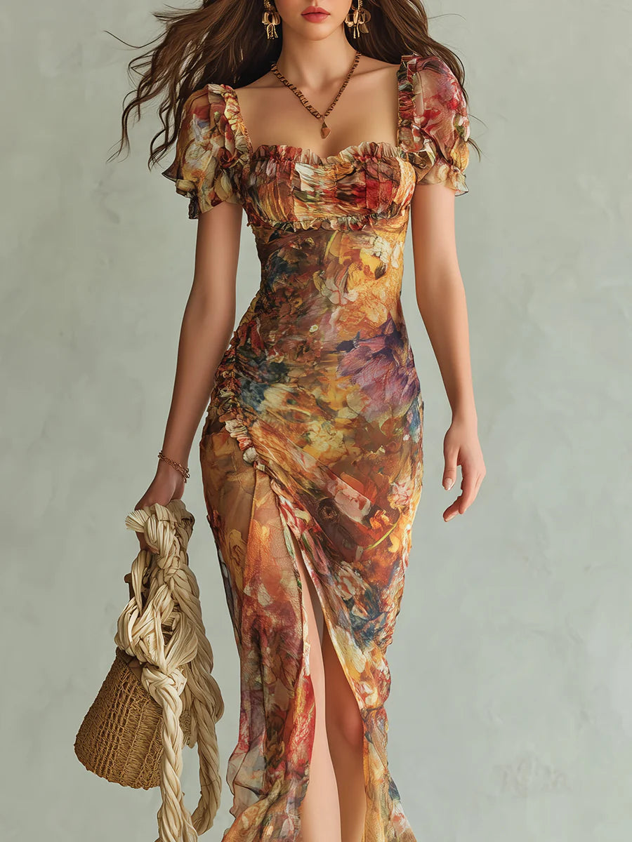Aria - long orange chiffon dress with bohemian style oil painting print — view 5