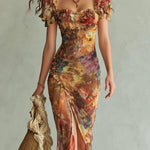 Aria - long orange chiffon dress with bohemian style oil painting print — view 5