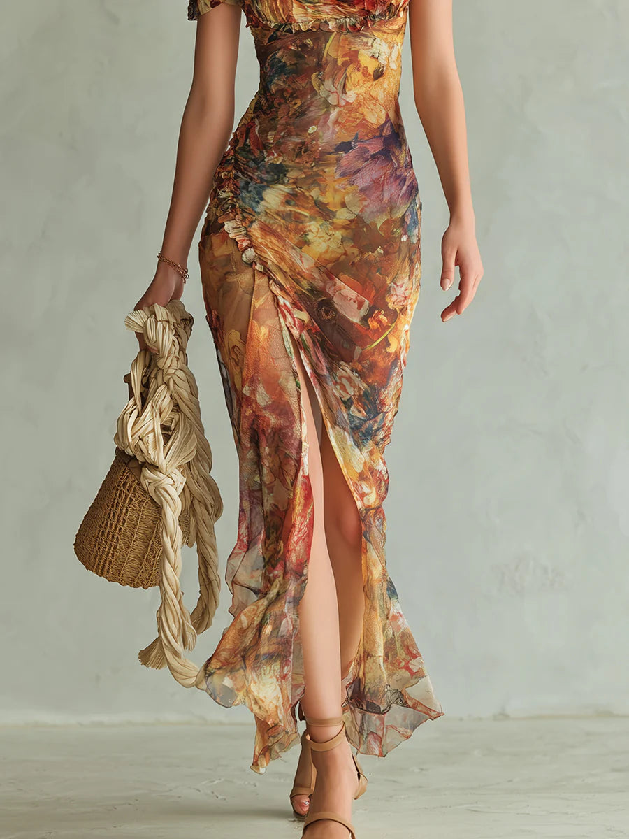 Aria - long orange chiffon dress with bohemian style oil painting print — view 6